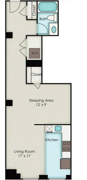 Floor plan for 1 bed, 1 bath, 724 sqft